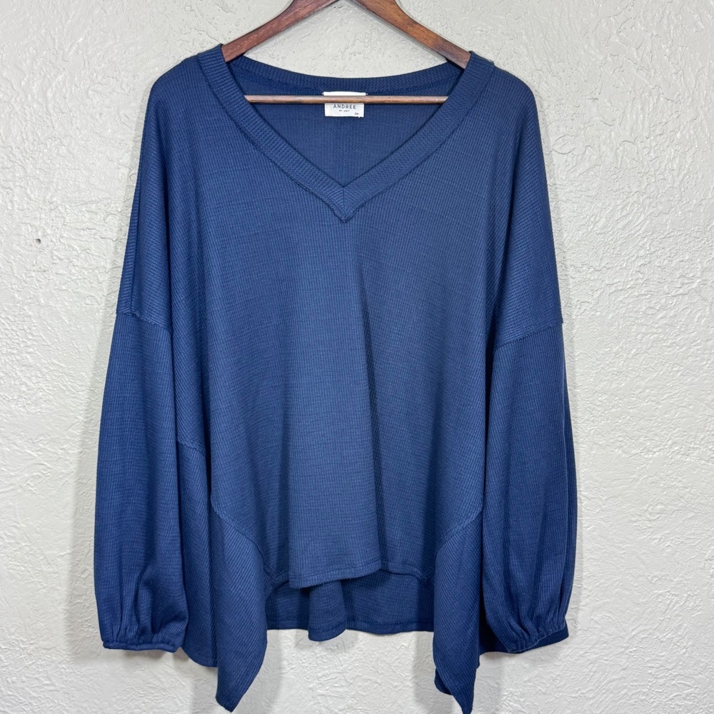 Andree‎ By Unit Oversized Top Small Popover Asymmetric Textured Waffle Navy Boho